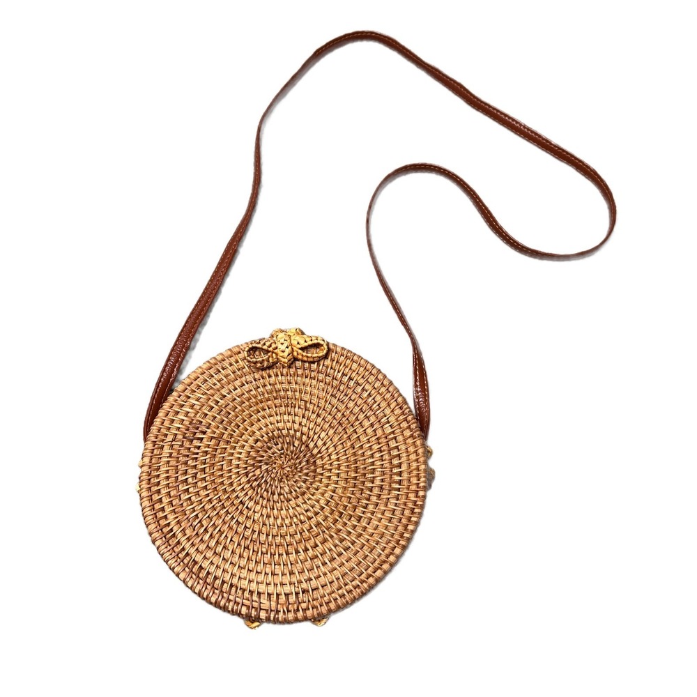 Womens Round Woven Straw Rattan Crossbody Bag‎ Tan Leather Strap Floral Lined